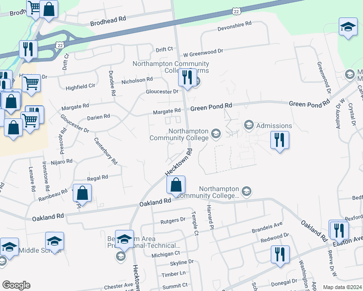 map of restaurants, bars, coffee shops, grocery stores, and more near 3511 Canterbury Court in Bethlehem