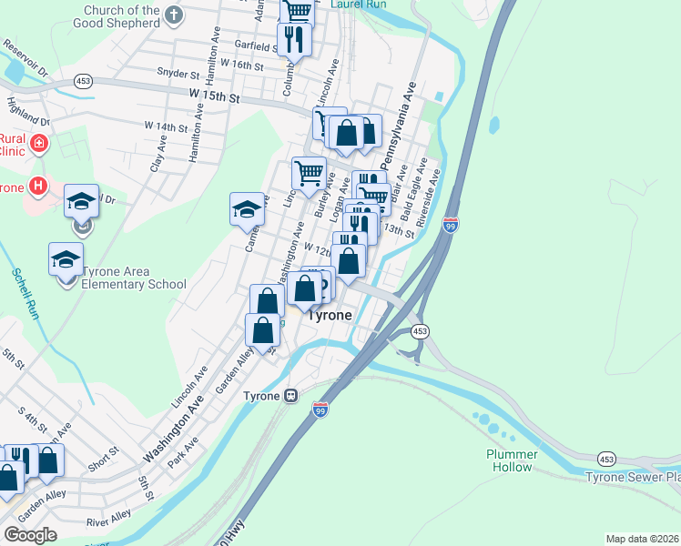 map of restaurants, bars, coffee shops, grocery stores, and more near 2 West 11th Street in Tyrone