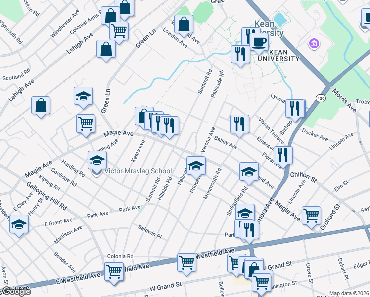 map of restaurants, bars, coffee shops, grocery stores, and more near 311 Hillside Road in Elizabeth