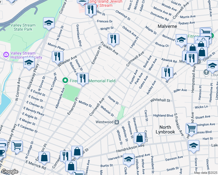 map of restaurants, bars, coffee shops, grocery stores, and more near 88 Coolidge Street in Malverne