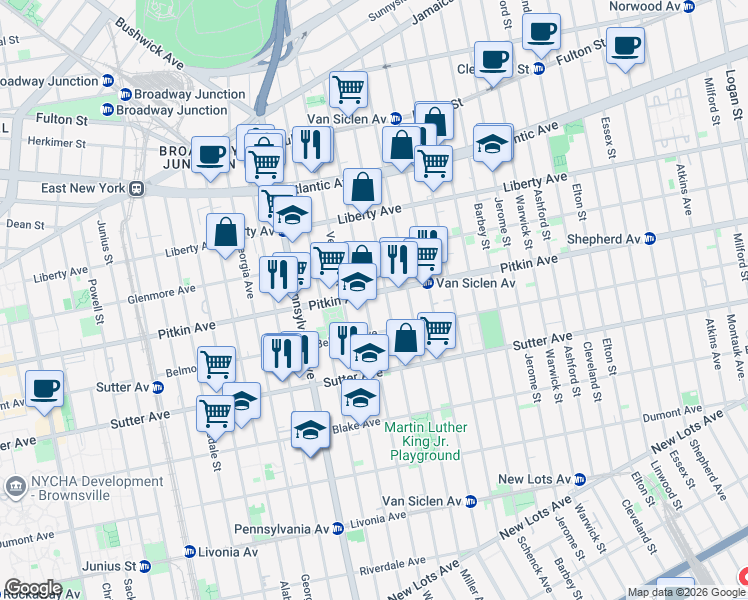 map of restaurants, bars, coffee shops, grocery stores, and more near 2155 Pitkin Avenue in Brooklyn