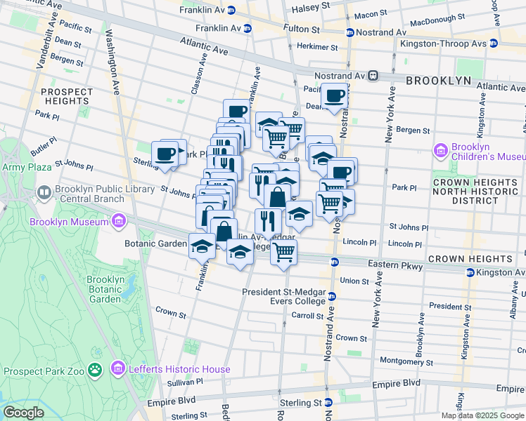 map of restaurants, bars, coffee shops, grocery stores, and more near 1500 Bedford Avenue in Brooklyn