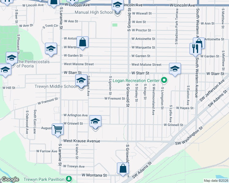 map of restaurants, bars, coffee shops, grocery stores, and more near 2614 West Humboldt Street in Peoria