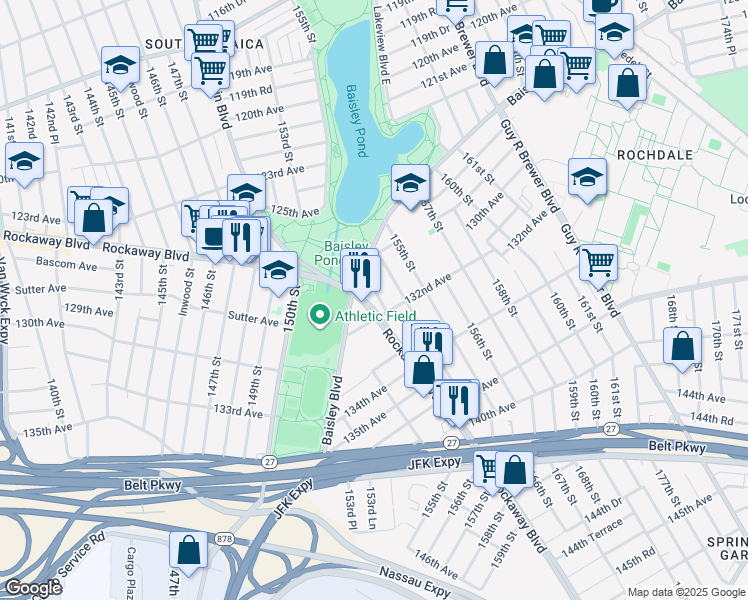 map of restaurants, bars, coffee shops, grocery stores, and more near 152-11 Rockaway Boulevard in Queens
