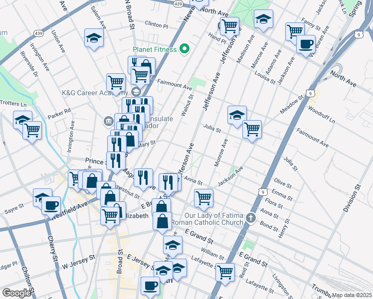 map of restaurants, bars, coffee shops, grocery stores, and more near 1138 Mary Street in Elizabeth