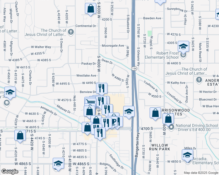 map of restaurants, bars, coffee shops, grocery stores, and more near 4498 Prince Circle in West Valley City