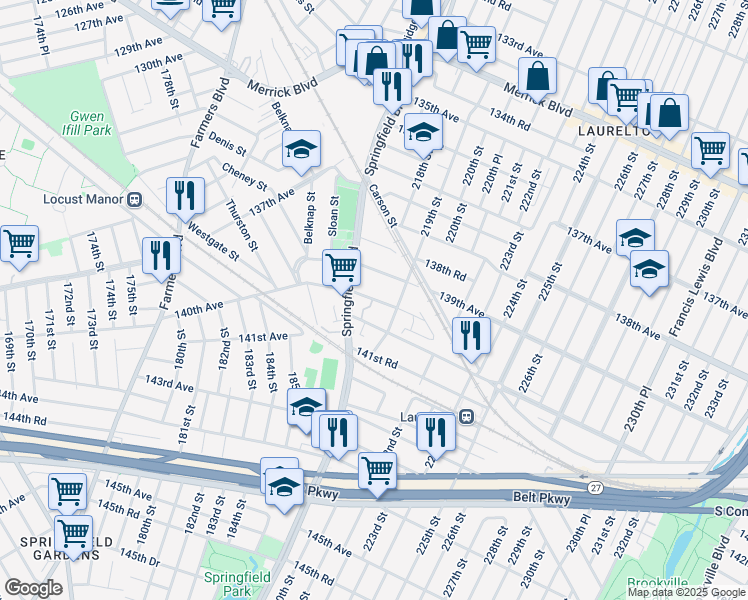 map of restaurants, bars, coffee shops, grocery stores, and more near 218-33 140th Avenue in Queens