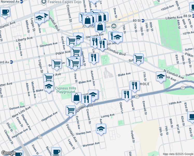 map of restaurants, bars, coffee shops, grocery stores, and more near 696 Lincoln Avenue in Brooklyn