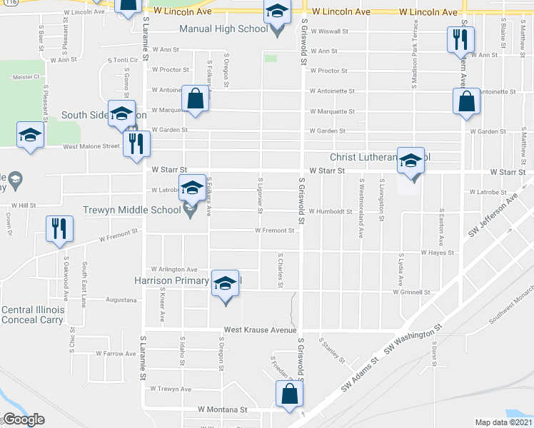 map of restaurants, bars, coffee shops, grocery stores, and more near 2618 West Humboldt Street in Peoria
