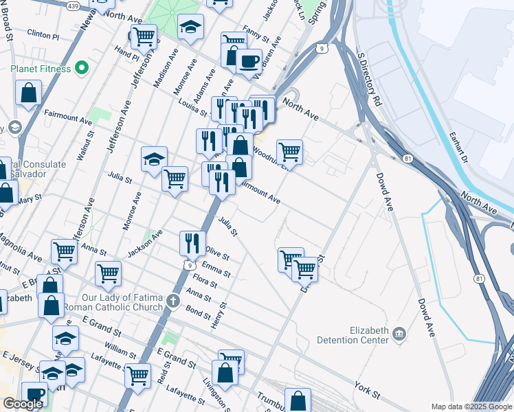 map of restaurants, bars, coffee shops, grocery stores, and more near 900 Fairmount Avenue in Elizabeth