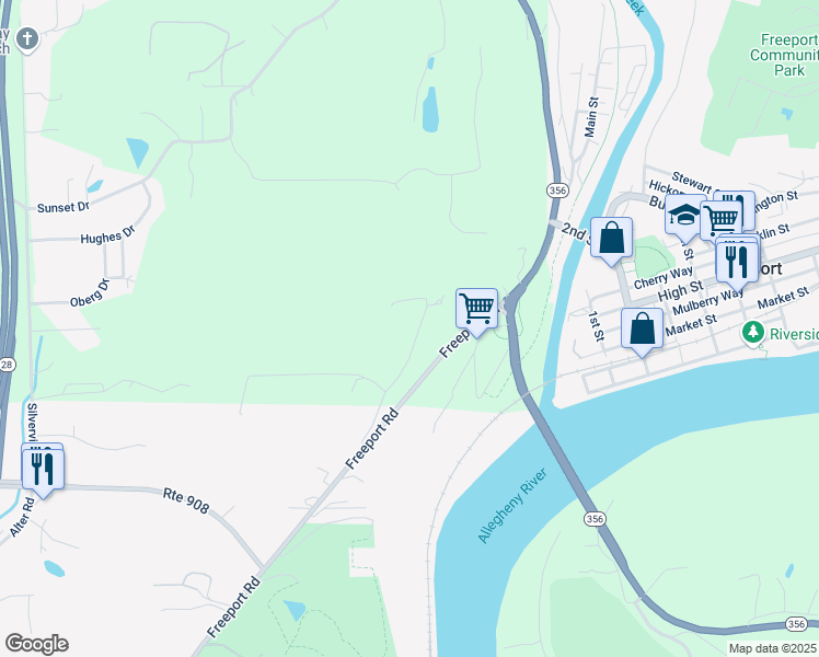 map of restaurants, bars, coffee shops, grocery stores, and more near 105 Mcintyre Lane in Freeport
