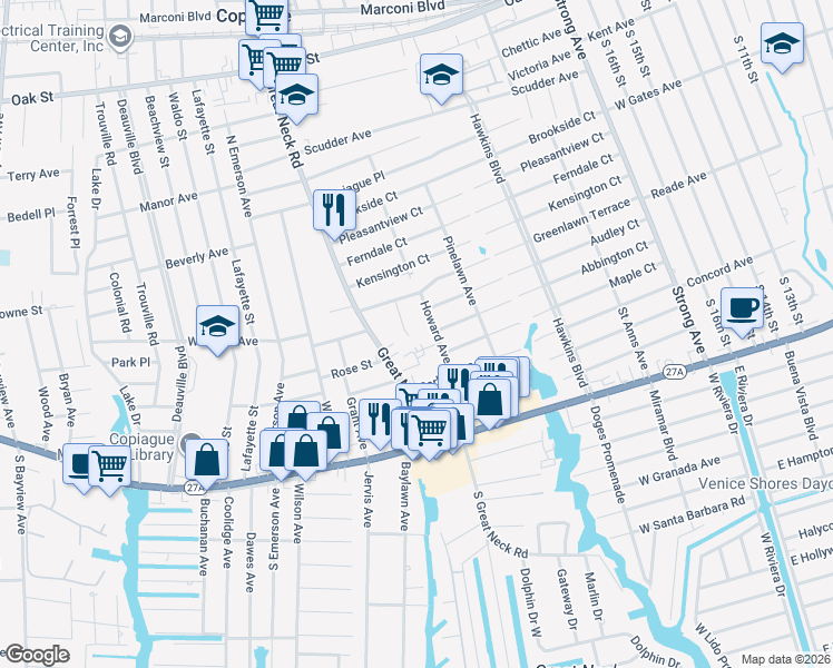 map of restaurants, bars, coffee shops, grocery stores, and more near 425 Howard Avenue in Copiague