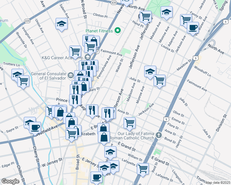 map of restaurants, bars, coffee shops, grocery stores, and more near 1147 Mary Street in Elizabeth