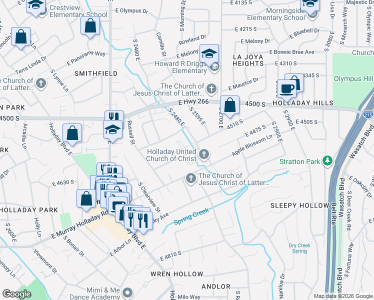 map of restaurants, bars, coffee shops, grocery stores, and more near 2609 East Keddington Lane in Holladay