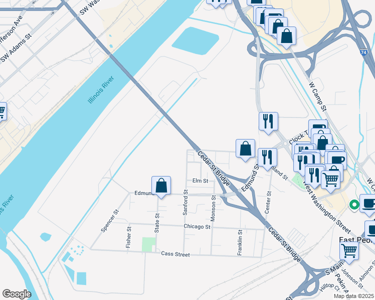 map of restaurants, bars, coffee shops, grocery stores, and more near 498 Richland Street in East Peoria