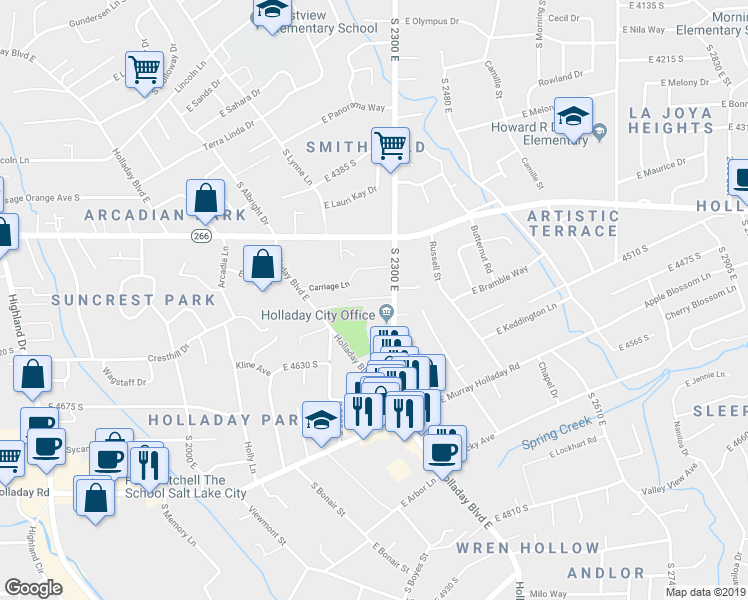 map of restaurants, bars, coffee shops, grocery stores, and more near 2263 East Tara Lane in Holladay