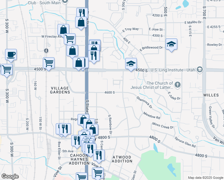 map of restaurants, bars, coffee shops, grocery stores, and more near 215 East 4600 South in Murray