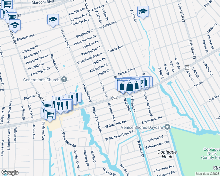 map of restaurants, bars, coffee shops, grocery stores, and more near 304 Cedar Court in Copiague