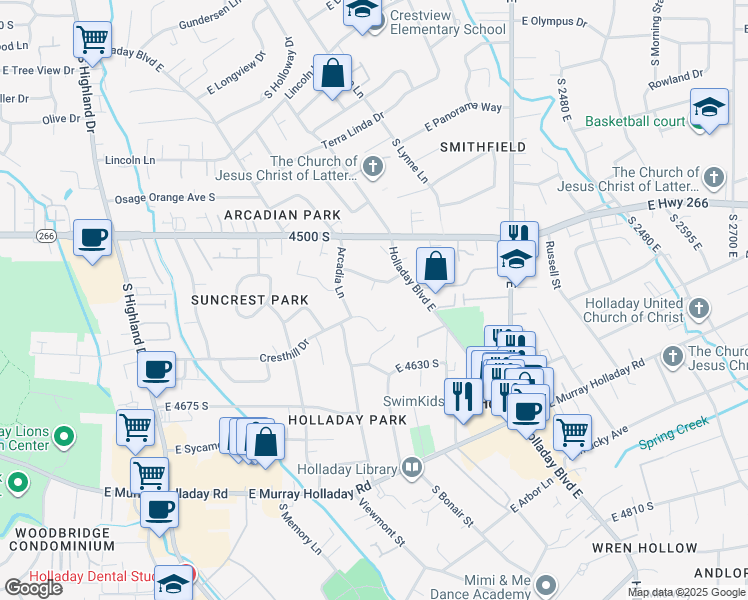 map of restaurants, bars, coffee shops, grocery stores, and more near 4559 South 2120 East in Holladay