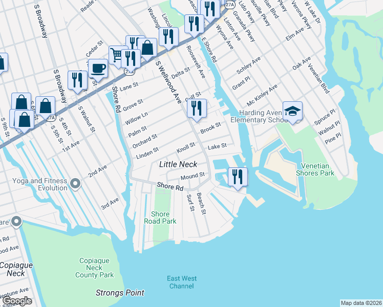map of restaurants, bars, coffee shops, grocery stores, and more near 14 Plain Street in Lindenhurst