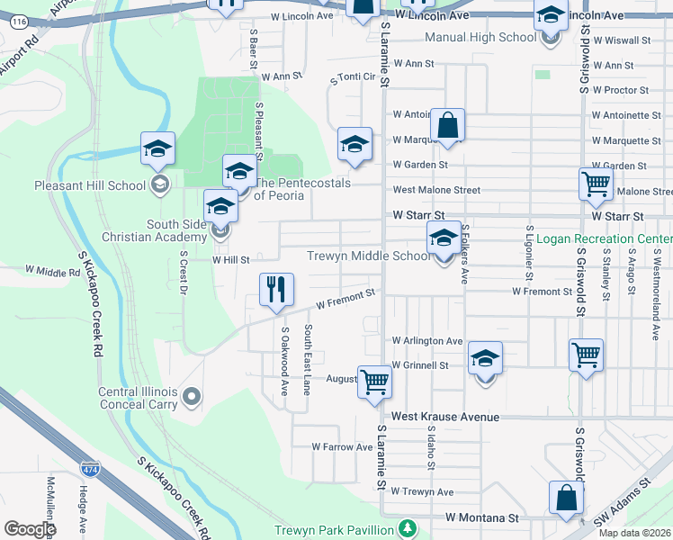 map of restaurants, bars, coffee shops, grocery stores, and more near 1421 South Lammers Street in Peoria