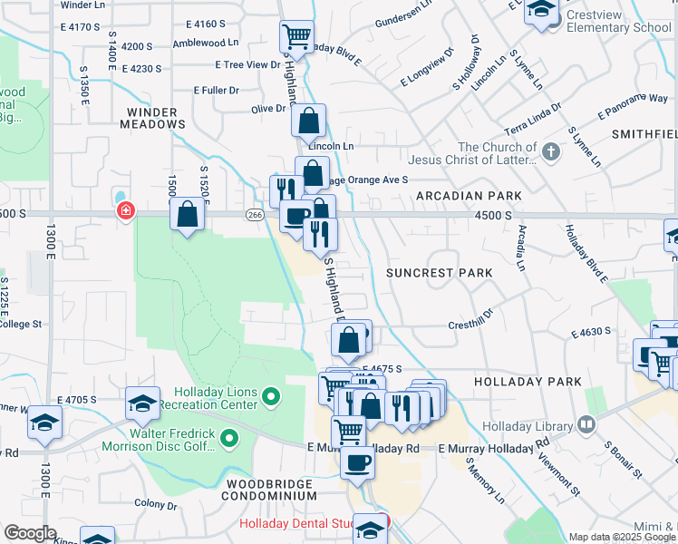 map of restaurants, bars, coffee shops, grocery stores, and more near 1803 Cottonwood Glen Court in Millcreek