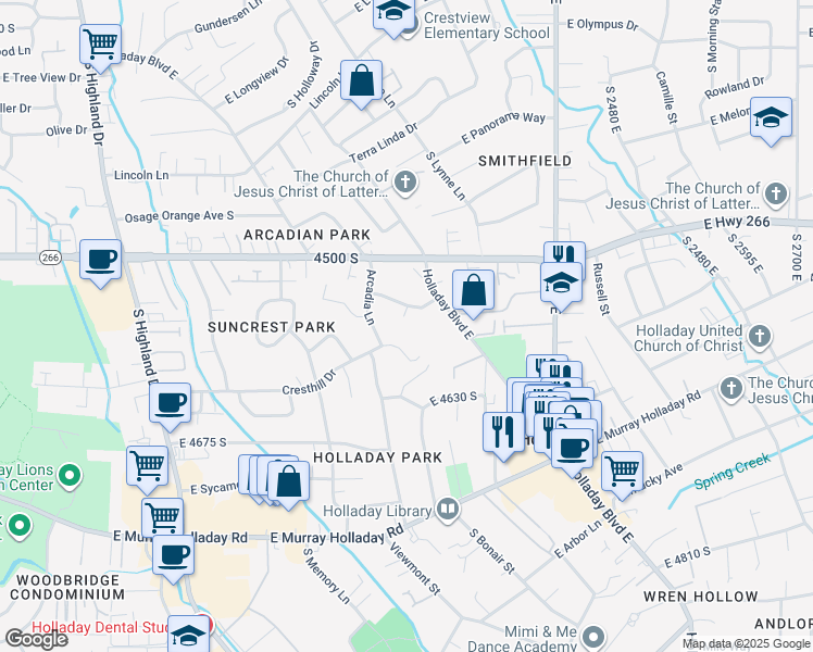 map of restaurants, bars, coffee shops, grocery stores, and more near 4559 South 2120 East in Holladay