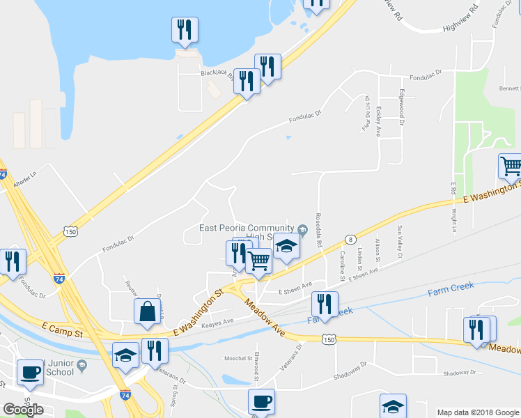 map of restaurants, bars, coffee shops, grocery stores, and more near 140 Woodrow Drive in East Peoria