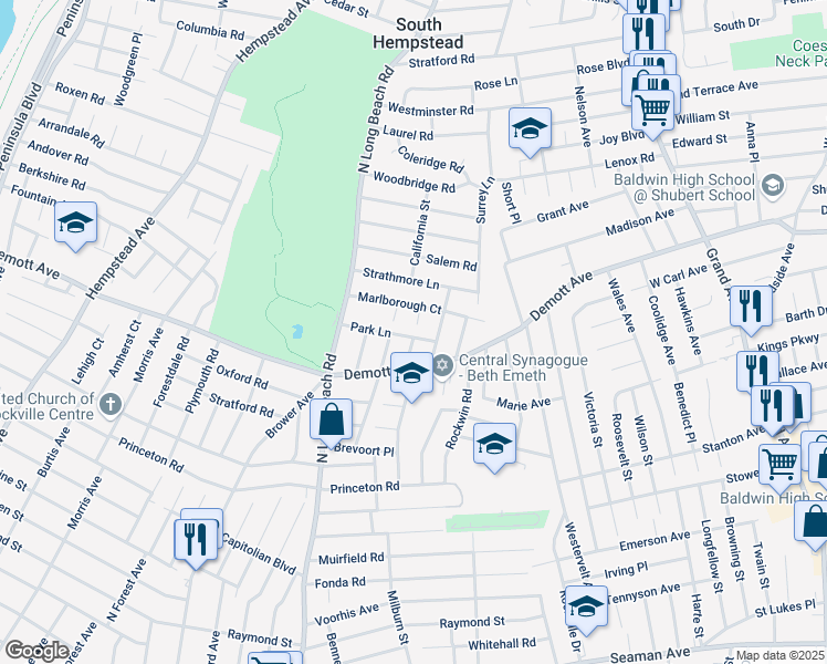 map of restaurants, bars, coffee shops, grocery stores, and more near 40 Rugby Road in Rockville Centre