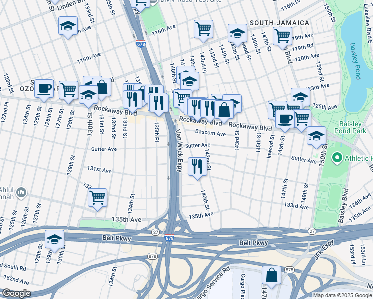 map of restaurants, bars, coffee shops, grocery stores, and more near 128-02 140th Street in Queens