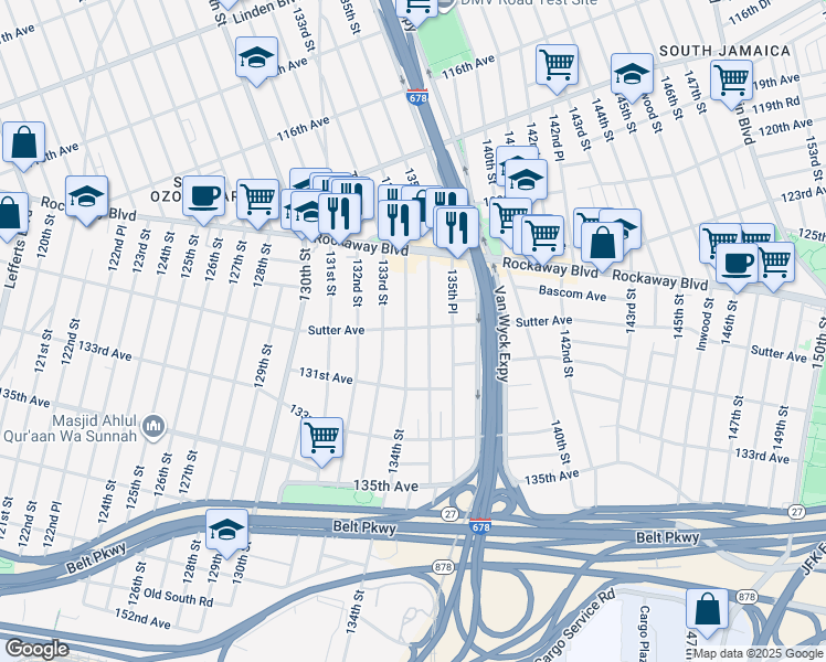 map of restaurants, bars, coffee shops, grocery stores, and more near 12275 134th Street in Queens