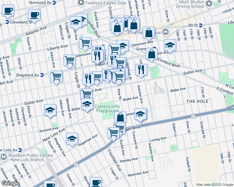 map of restaurants, bars, coffee shops, grocery stores, and more near 526 Pine Street in Brooklyn