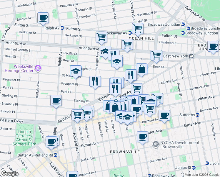 map of restaurants, bars, coffee shops, grocery stores, and more near 350 Thomas S Boyland Street in Brooklyn