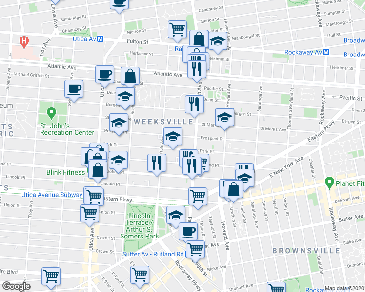 map of restaurants, bars, coffee shops, grocery stores, and more near 1618 Prospect Place in Brooklyn