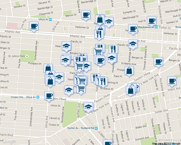 map of restaurants, bars, coffee shops, grocery stores, and more near 1618 Prospect Place in Brooklyn