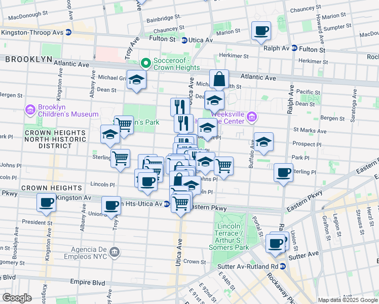 map of restaurants, bars, coffee shops, grocery stores, and more near 187 Utica Avenue in Brooklyn