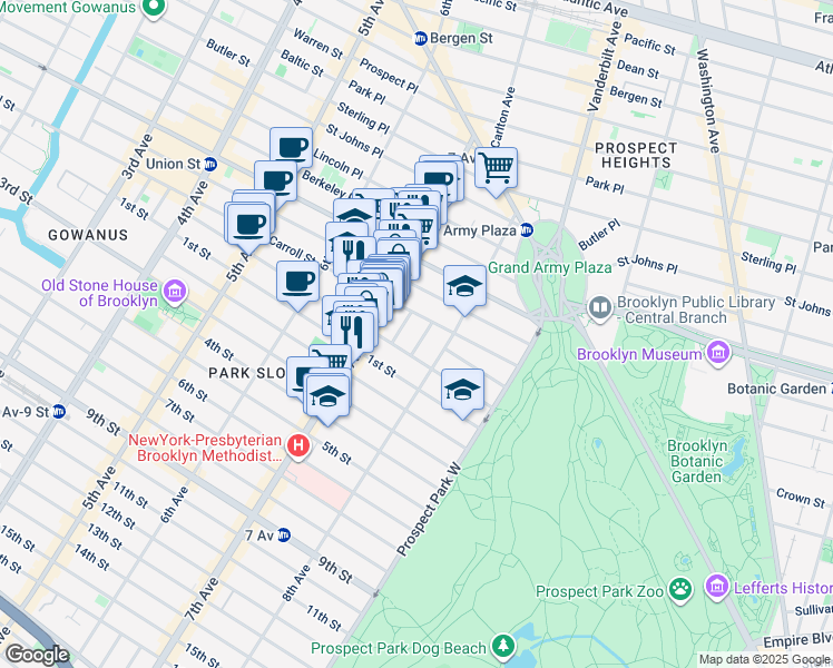 map of restaurants, bars, coffee shops, grocery stores, and more near 11 Polhemus Place in Brooklyn