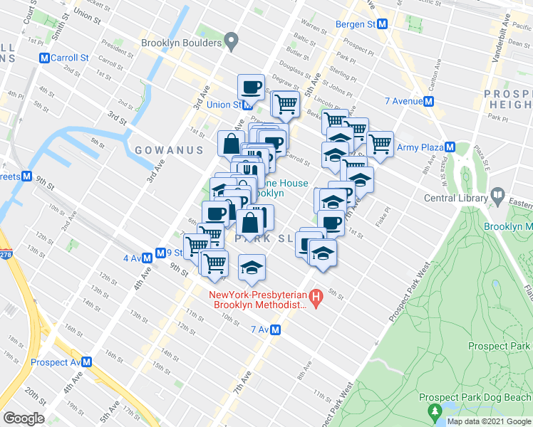 map of restaurants, bars, coffee shops, grocery stores, and more near 412 2nd Street in Brooklyn