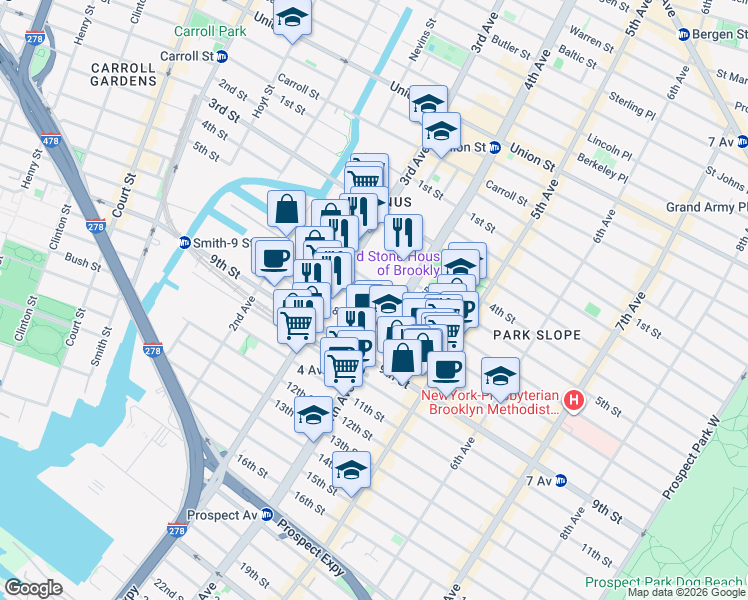 map of restaurants, bars, coffee shops, grocery stores, and more near 415 3rd Avenue in Brooklyn