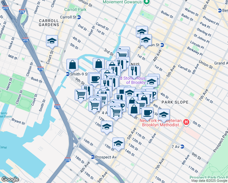 map of restaurants, bars, coffee shops, grocery stores, and more near 440 3rd Avenue in Brooklyn