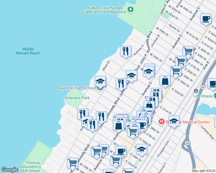 map of restaurants, bars, coffee shops, grocery stores, and more near 6 West 30th Street in Bayonne
