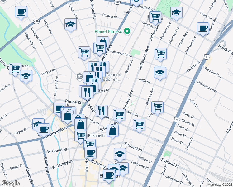 map of restaurants, bars, coffee shops, grocery stores, and more near 1174 Mary Street in Elizabeth