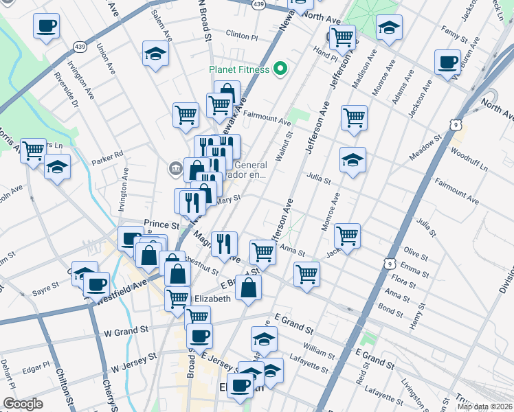 map of restaurants, bars, coffee shops, grocery stores, and more near 1174 Mary Street in Elizabeth