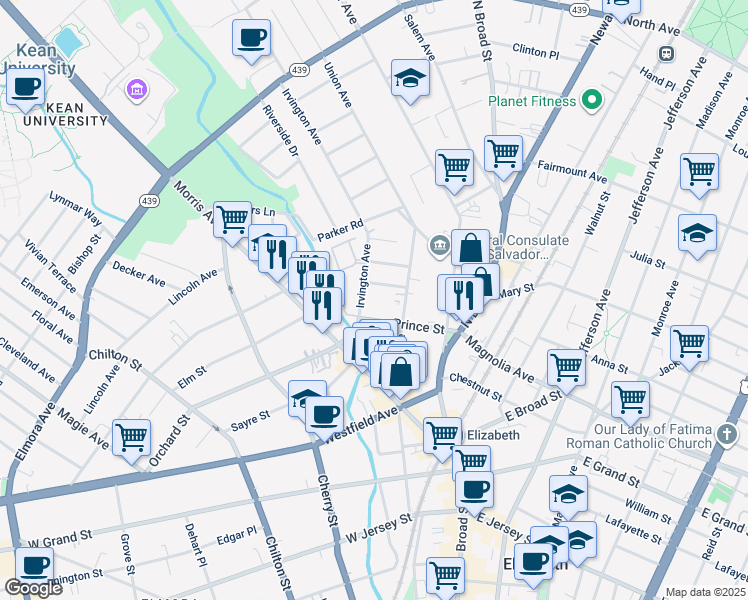 map of restaurants, bars, coffee shops, grocery stores, and more near 24 Oakwood Place in Elizabeth