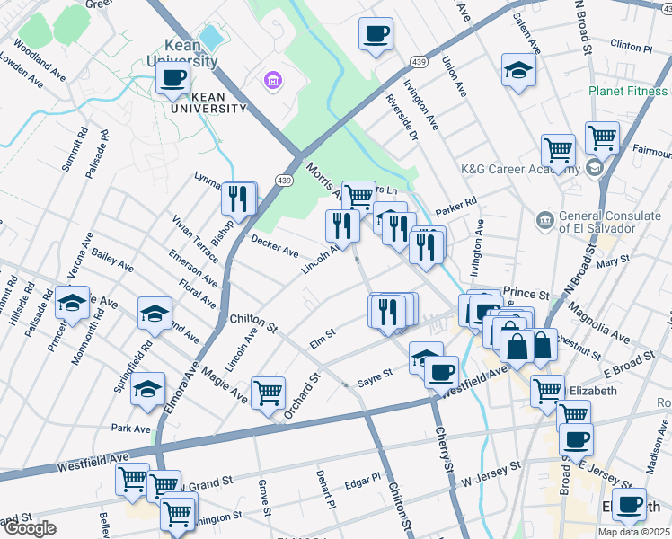 map of restaurants, bars, coffee shops, grocery stores, and more near 118 Lincoln Avenue in Elizabeth