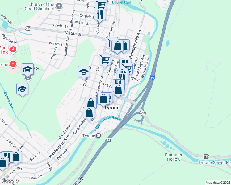 map of restaurants, bars, coffee shops, grocery stores, and more near 1110 Logan Avenue in Tyrone