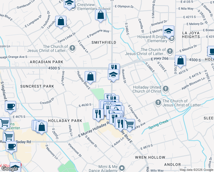 map of restaurants, bars, coffee shops, grocery stores, and more near 2263 East Tara Lane in Holladay