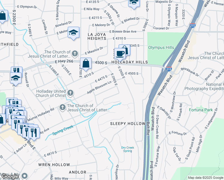 map of restaurants, bars, coffee shops, grocery stores, and more near 2886 Cherry Blossom Lane in Holladay
