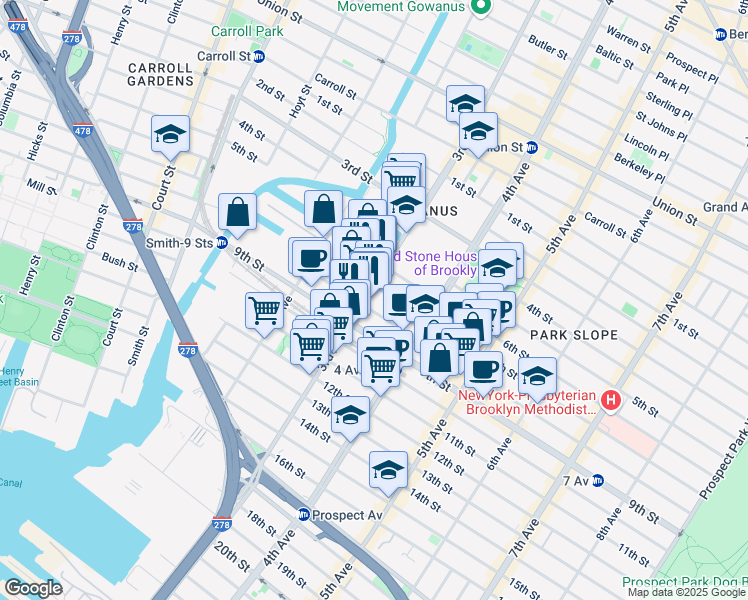 map of restaurants, bars, coffee shops, grocery stores, and more near 440 3rd Avenue in Brooklyn