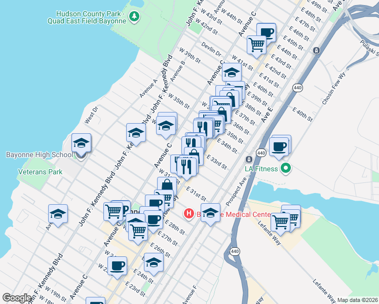 map of restaurants, bars, coffee shops, grocery stores, and more near 15 West 33rd Street in Bayonne